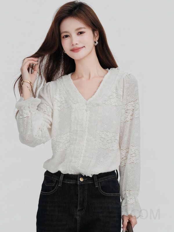 여성 페미닌 무드 기모 안감 레이스 프릴 디테일 브이넥 루즈핏 롱슬리브 셔츠 블라우스 - 상세 이미지 3
