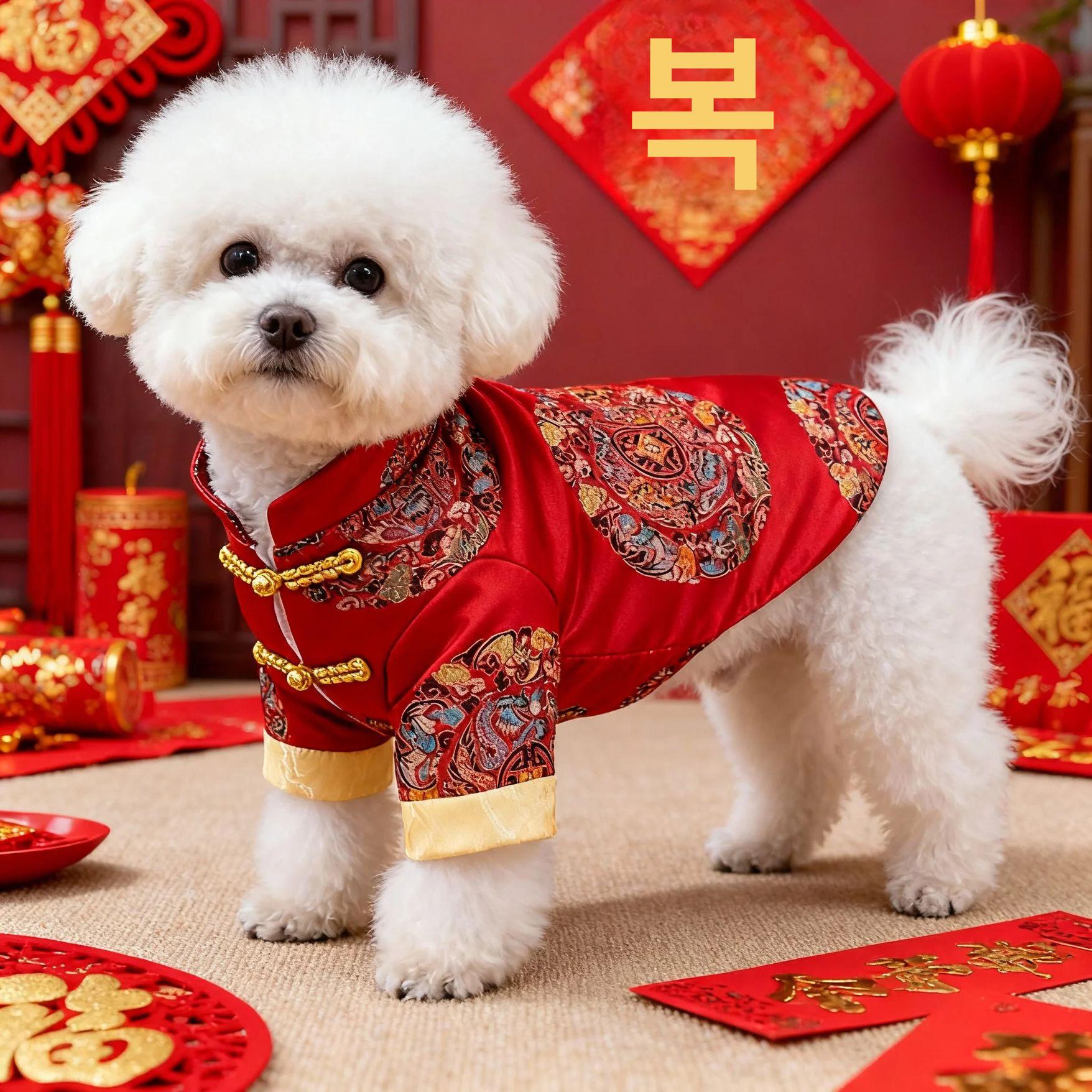 강아지 고양이 겨울 옷 소형견 포메라니안 비숑 테디 겨울용 애완동물 의류 부의 신 세트 탕복+동전모자 XS - 상세 이미지 4