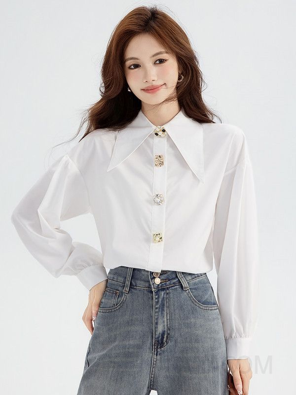 여성 데일리 오피스룩 루즈핏 폴리 빅카라 보석단추 긴팔 셔츠 블라우스 하객룩 출근룩 미니멀 무드 기본 화이트 셔츠 - 상세 이미지 4