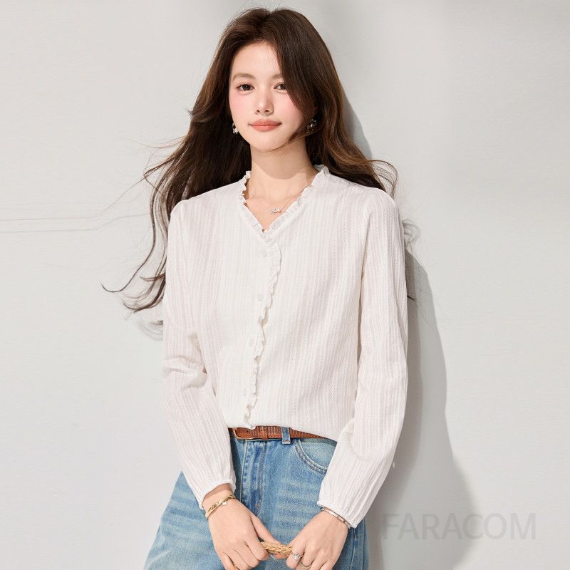 여성 데일리 세미오버핏 폴리 프릴넥 스트라이프 긴팔 셔츠 블라우스 오피스룩 하객룩 출근룩 단정 루즈핏 칼라리스 - 상품 이미지