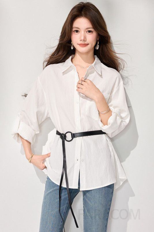 여성 데일리 무드 루즈핏 폴리에스터 포켓 디테일 롱슬리브 카라 셔츠 블라우스 오피스룩 출근룩 단정함 베이직 기본템 이미지 6