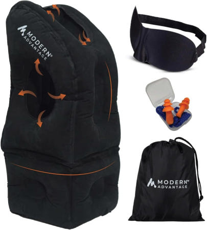 Modern Advantage [해외]조절 가능한 여분의 바닥 목과 어깨 을 피할 수 있는 지지대 머리와 턱이 비행기용 현대적인 장점 팽창식 여행용 베개 마스크와 귀마개가 달린 사무실 낮잠