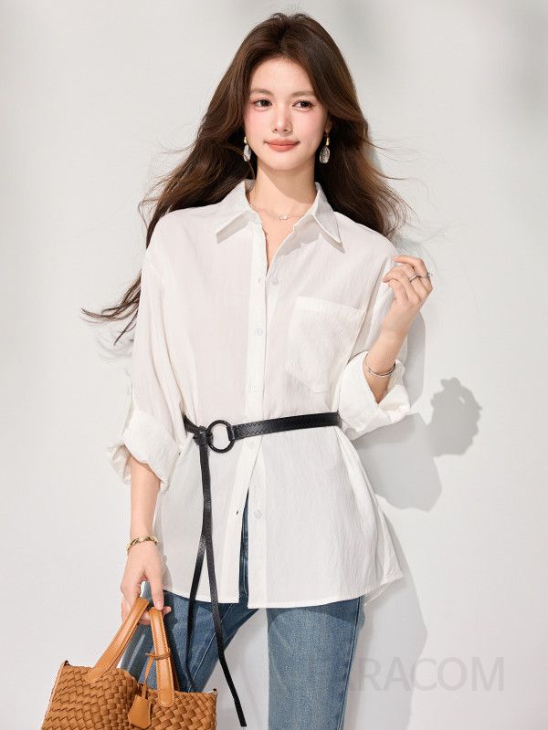 여성 데일리 무드 루즈핏 폴리에스터 포켓 디테일 롱슬리브 카라 셔츠 블라우스 오피스룩 출근룩 단정함 베이직 기본템 - 상세 이미지 5