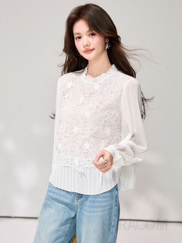 여성 페미닌 무드 레이스 시스루 플리츠 프릴 긴팔 블라우스 하객룩 오피스룩 데이트룩 격식룩 로맨틱 셔츠 - 상세 이미지 4