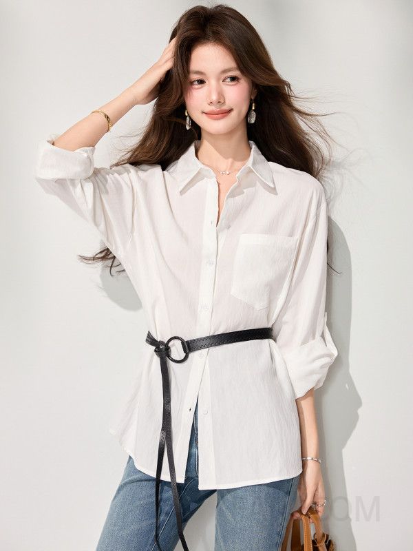 여성 데일리 무드 루즈핏 폴리에스터 포켓 디테일 롱슬리브 카라 셔츠 블라우스 오피스룩 출근룩 단정함 베이직 기본템 - 상세 이미지 3