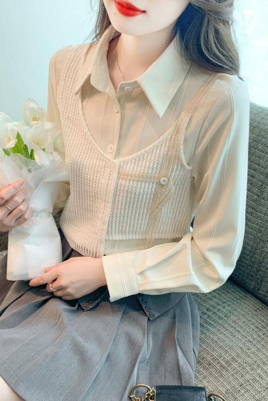 여성 데일리 베이직 루즈핏 폴리 레이어드 배색 카라 셔츠 블라우스 오피스룩 출근룩 하객룩 이미지 6