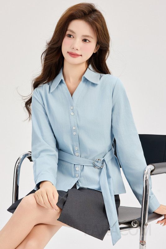 여성 페미닌 슬림핏 벨티드 셔츠 긴팔 브이넥 블라우스 데일리 오피스룩 출근룩 하객룩 정장 이너 남방 카라 이미지 6