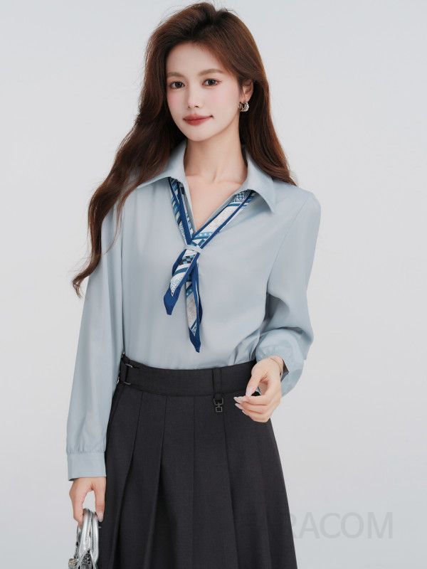여성 데일리 베이직 스탠다드핏 타이 스카프 긴팔 셔츠 블라우스 오피스룩 하객룩 출근룩 면접룩 정장 격식 - 상세 이미지 2