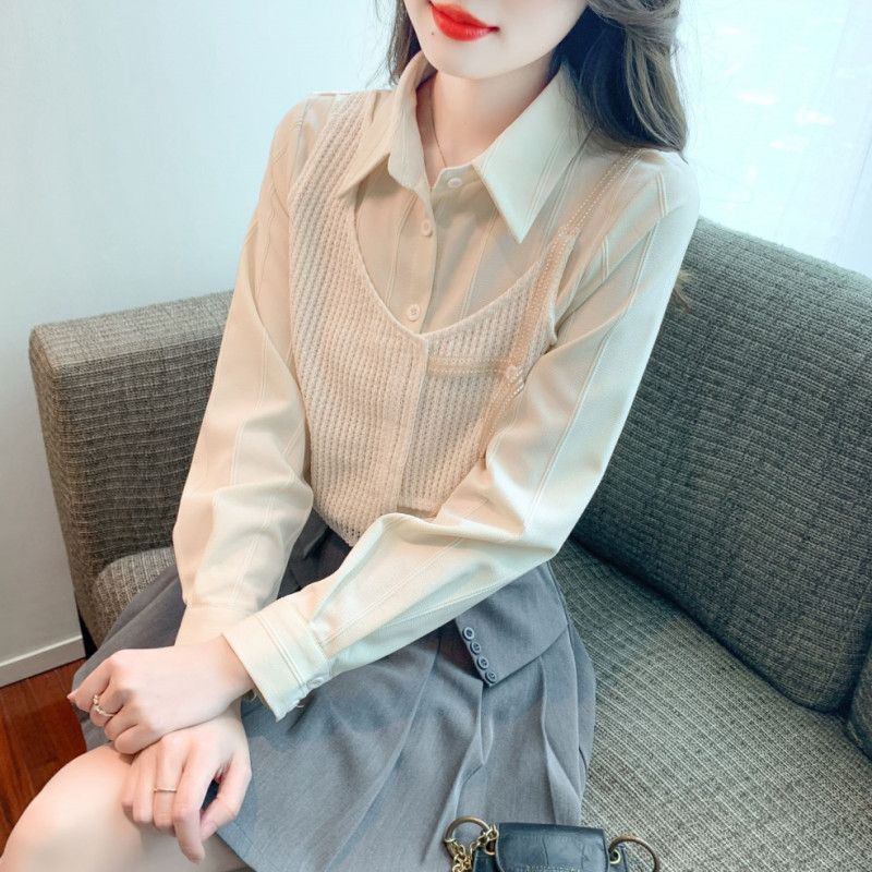 여성 데일리 베이직 루즈핏 폴리 레이어드 배색 카라 셔츠 블라우스 오피스룩 출근룩 하객룩 - 상세 이미지 2