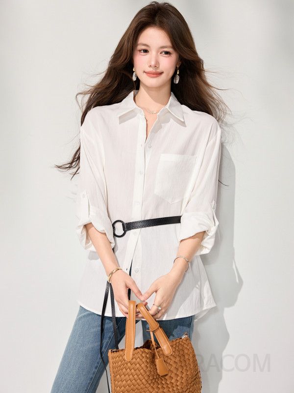 여성 데일리 무드 루즈핏 폴리에스터 포켓 디테일 롱슬리브 카라 셔츠 블라우스 오피스룩 출근룩 단정함 베이직 기본템 - 상세 이미지 4