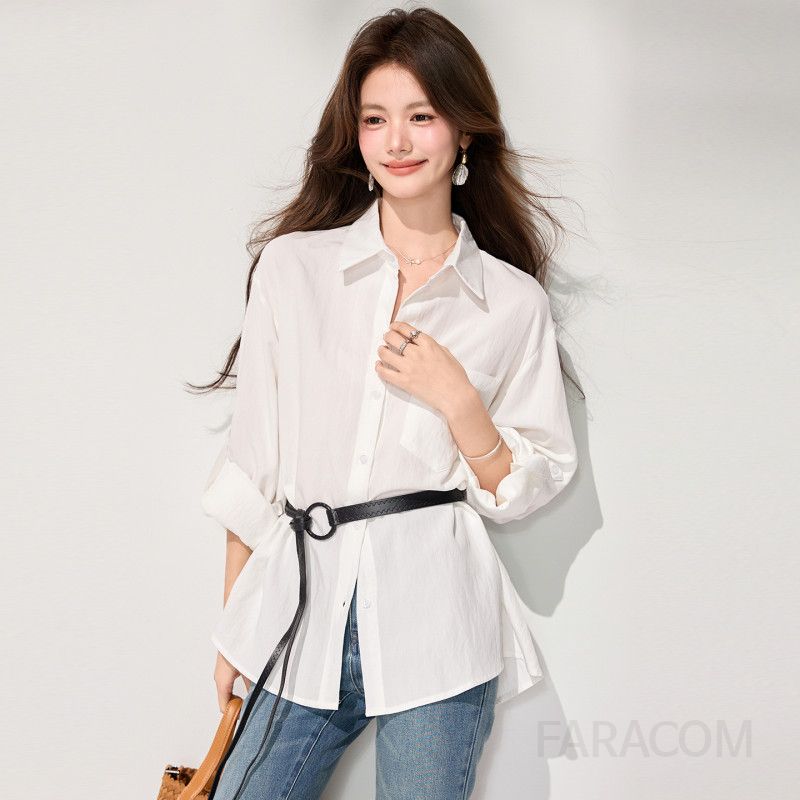 여성 데일리 무드 루즈핏 폴리에스터 포켓 디테일 롱슬리브 카라 셔츠 블라우스 오피스룩 출근룩 단정함 베이직 기본템 - 상품 이미지