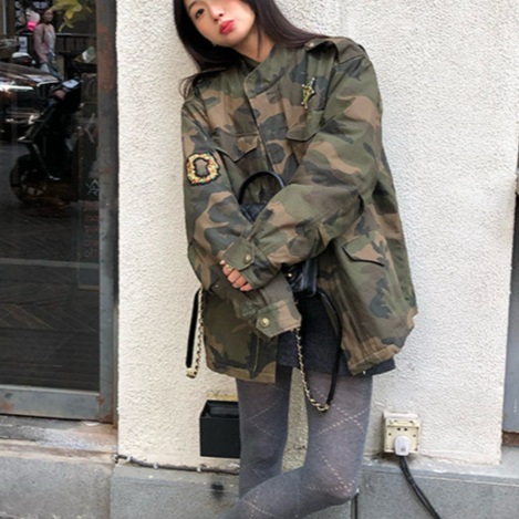 패치견장 밀리터리 야상점퍼 카모플라주패턴 안감퀼팅 바람막이 유니크 봄가을 디자인 - 상품 이미지