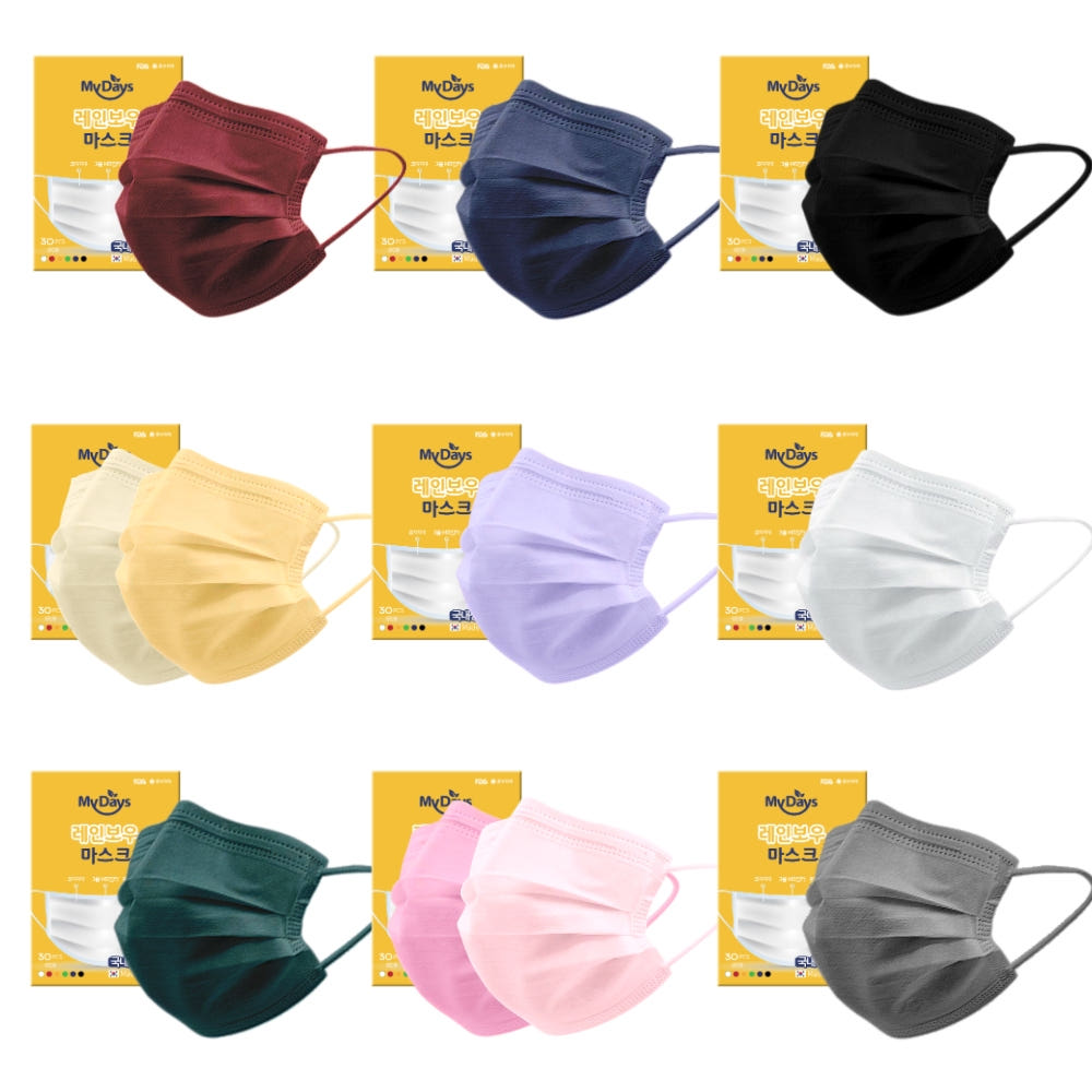 마이데이즈 국산 덴탈 일회용 컬러마스크 대형 보풀없는 MB필터 레인보우 색깔 무지개 색상 30매입 일괄포장 제품 이미지