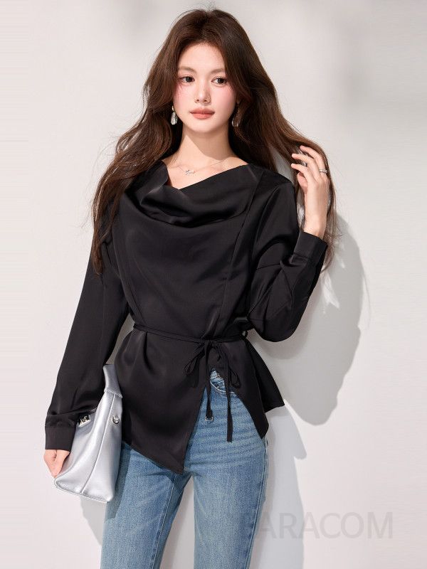 여성 페미닌 루즈핏 실크감촉 드레이프 카울넥 랩 스트랩 타이 긴팔 셔츠 블라우스 오피스룩 하객룩 - 상세 이미지 4