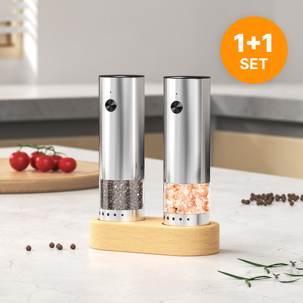 1+1 뉴에이커 충전식 전동 후추 그라인더 세트 자동 소금 페퍼밀 거치대포함 제품 이미지