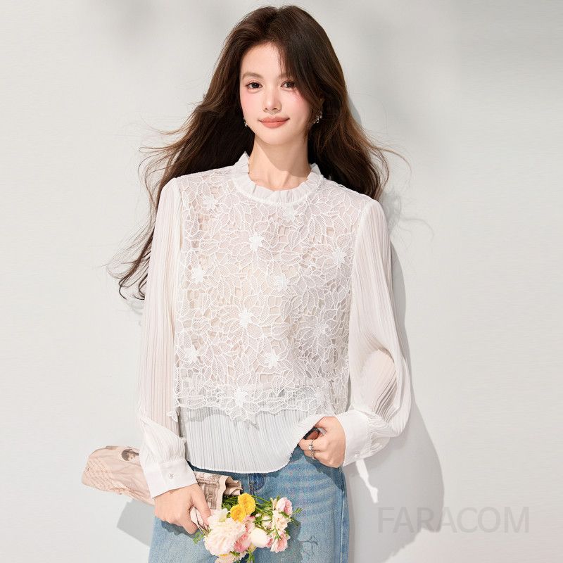 여성 페미닌 무드 레이스 시스루 플리츠 프릴 긴팔 블라우스 하객룩 오피스룩 데이트룩 격식룩 로맨틱 셔츠 - 상품 이미지