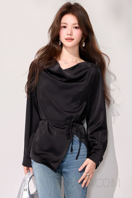 여성 페미닌 루즈핏 실크감촉 드레이프 카울넥 랩 스트랩 타이 긴팔 셔츠 블라우스 오피스룩 하객룩 - 상세 이미지 5