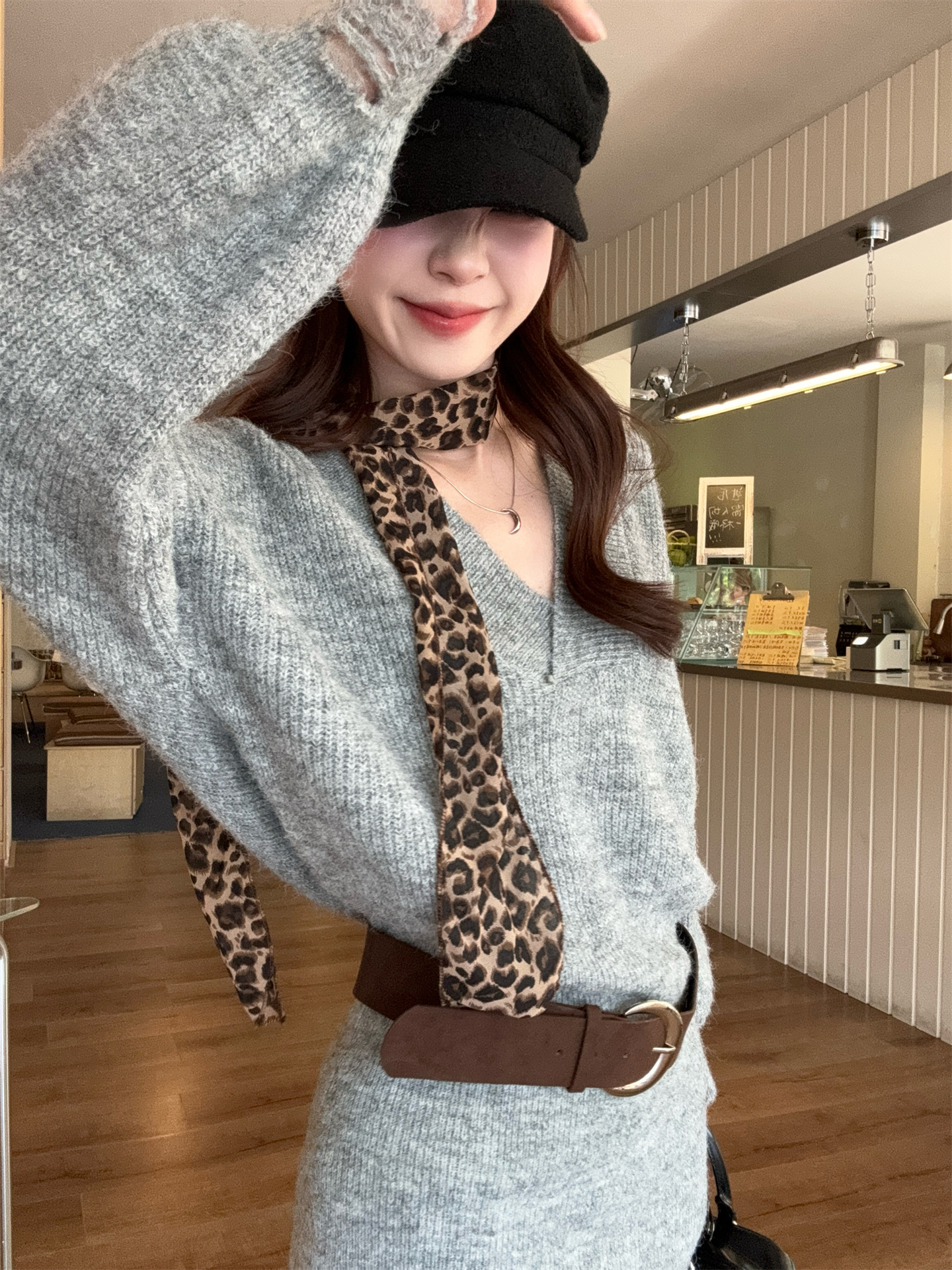 호피스카프 니트미니원피스 벨트세트 쓰리피스 이미지 8