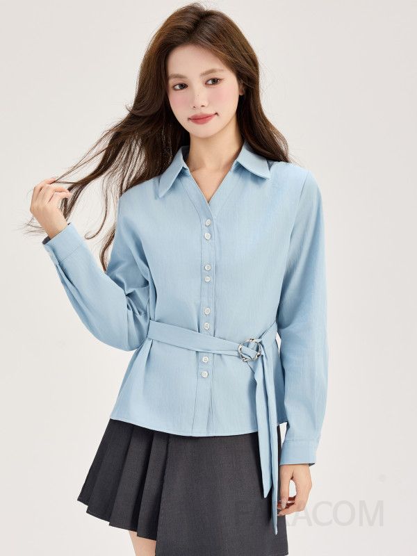 여성 페미닌 슬림핏 벨티드 셔츠 긴팔 브이넥 블라우스 데일리 오피스룩 출근룩 하객룩 정장 이너 남방 카라 - 상세 이미지 3
