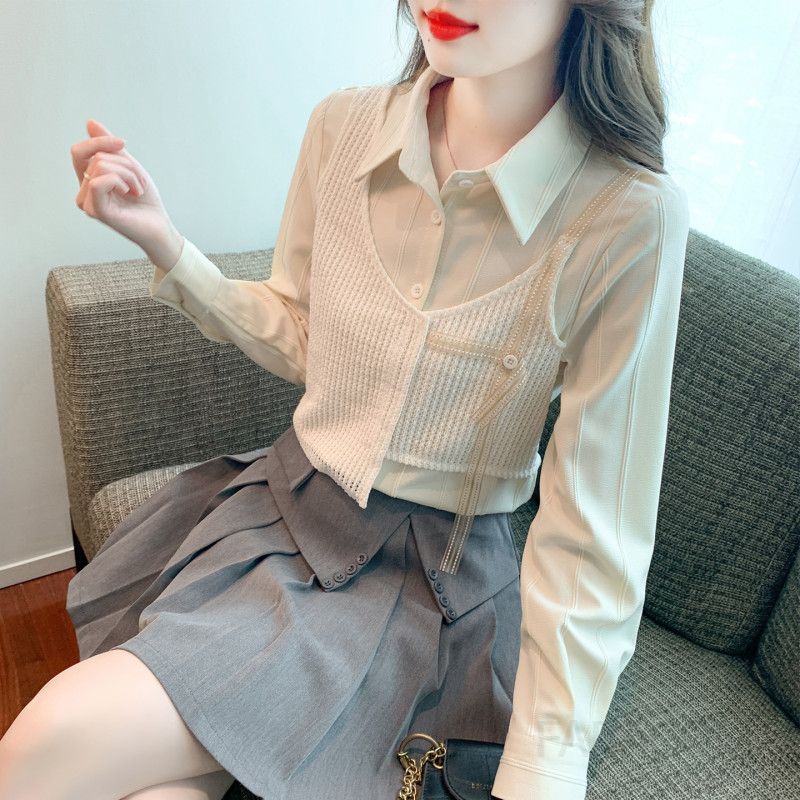 여성 데일리 베이직 루즈핏 폴리 레이어드 배색 카라 셔츠 블라우스 오피스룩 출근룩 하객룩 - 상품 이미지
