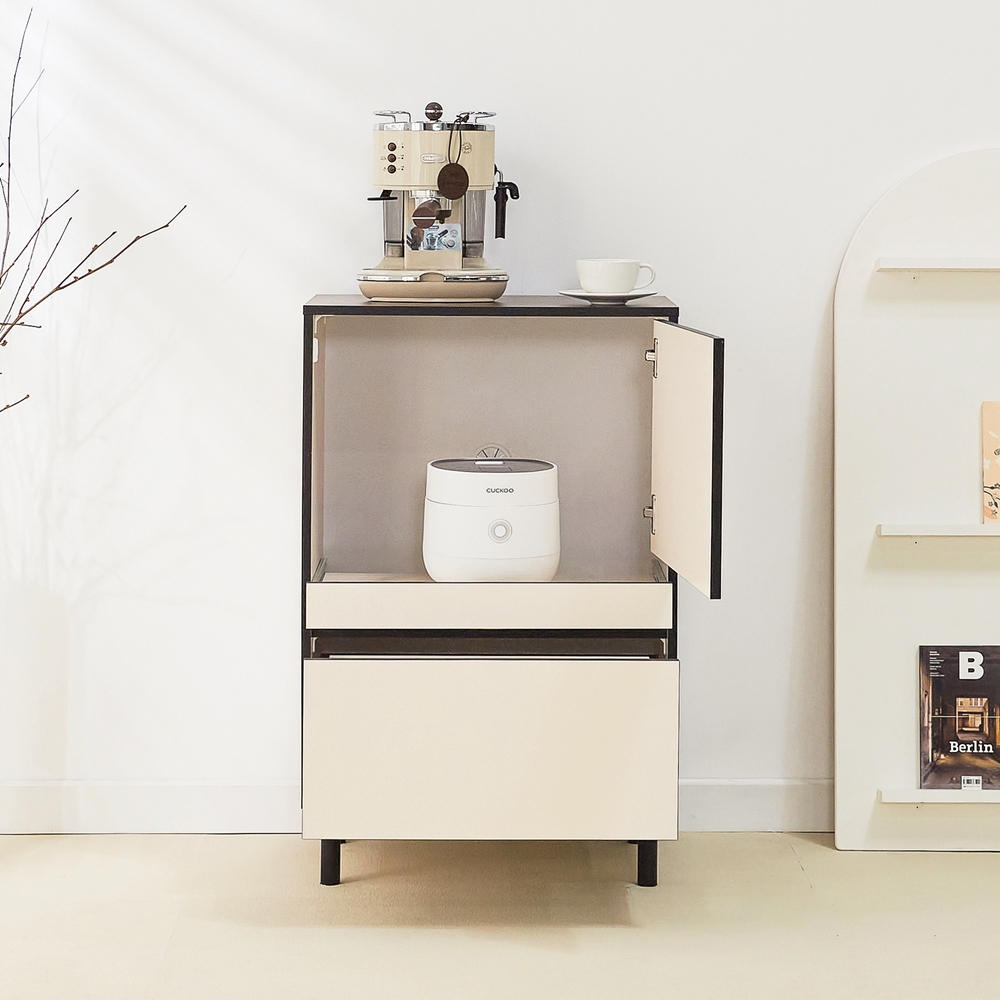 에그미 밥솥장 밥솥레일 슬라이딩 에어프라이어 밥통 선반 600x400x935mm, 2단, 크림화이트