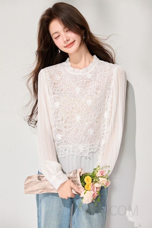 여성 페미닌 무드 레이스 시스루 플리츠 프릴 긴팔 블라우스 하객룩 오피스룩 데이트룩 격식룩 로맨틱 셔츠 이미지 6