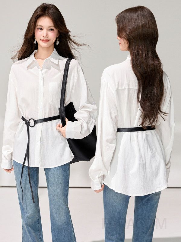 여성 데일리 무드 루즈핏 폴리에스터 포켓 디테일 롱슬리브 카라 셔츠 블라우스 오피스룩 출근룩 단정함 베이직 기본템 - 상세 이미지 2