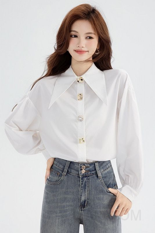 여성 데일리 오피스룩 루즈핏 폴리 빅카라 보석단추 긴팔 셔츠 블라우스 하객룩 출근룩 미니멀 무드 기본 화이트 셔츠 이미지 6