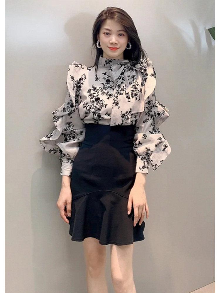 실키한 리본프릴블라우스 쉬폰럭셔리 가을셔츠 블랙 s - 상품 이미지