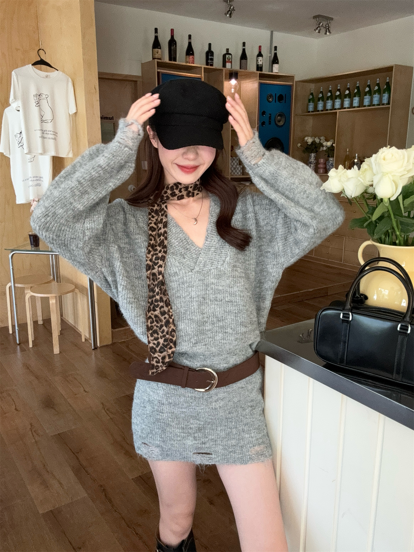 호피스카프 니트미니원피스 벨트세트 쓰리피스 이미지 6