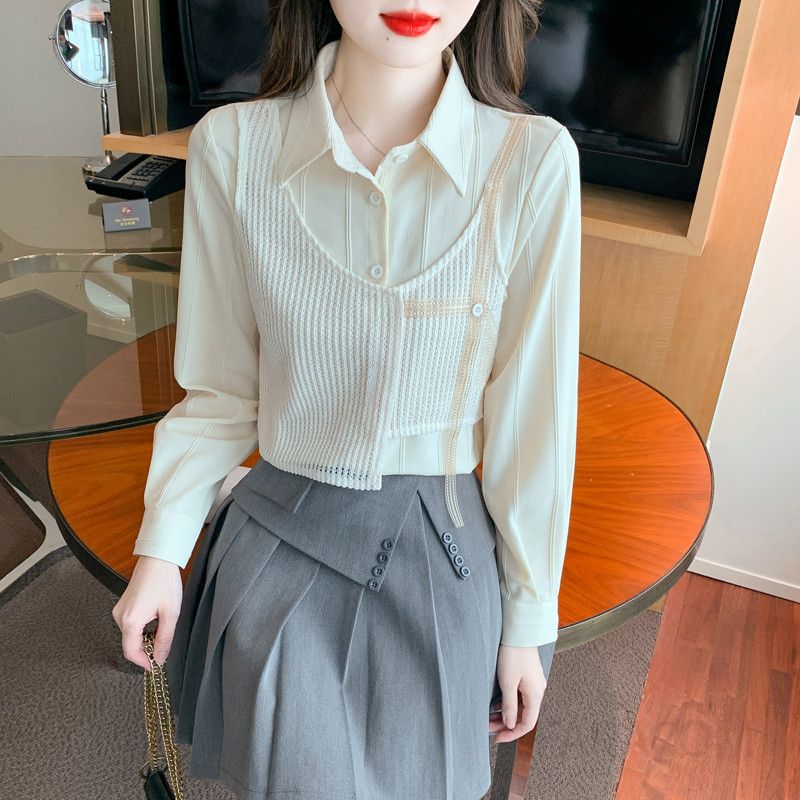 여성 데일리 베이직 루즈핏 폴리 레이어드 배색 카라 셔츠 블라우스 오피스룩 출근룩 하객룩 - 상세 이미지 4