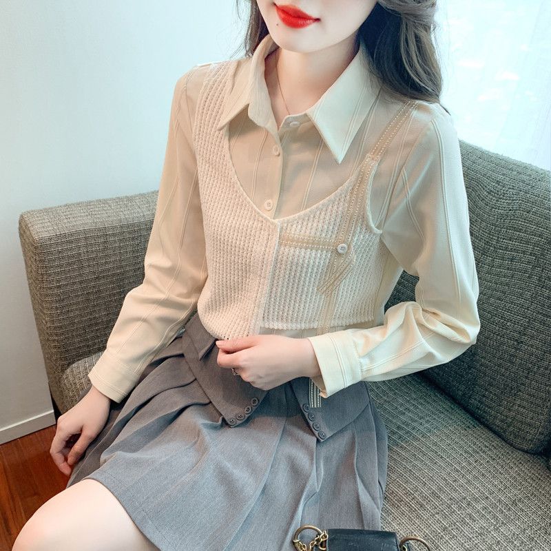 여성 데일리 베이직 루즈핏 폴리 레이어드 배색 카라 셔츠 블라우스 오피스룩 출근룩 하객룩 - 상세 이미지 3