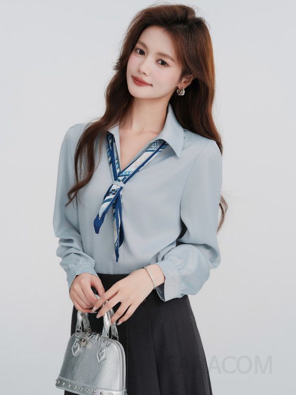 여성 데일리 베이직 스탠다드핏 타이 스카프 긴팔 셔츠 블라우스 오피스룩 하객룩 출근룩 면접룩 정장 격식 - 상세 이미지 4