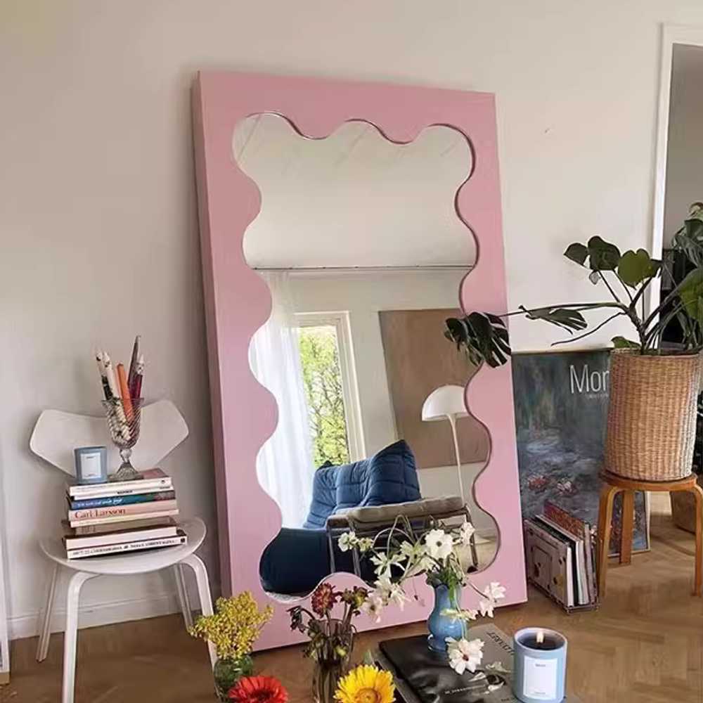 웨이브거울 전신 거울 카페 복도 포인트 집꾸미기 80x180cm 옅은 노랑 물결 거울 - 상품 이미지