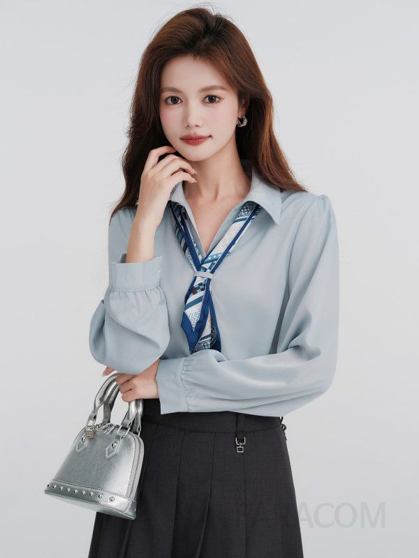 여성 데일리 베이직 스탠다드핏 타이 스카프 긴팔 셔츠 블라우스 오피스룩 하객룩 출근룩 면접룩 정장 격식 이미지 6