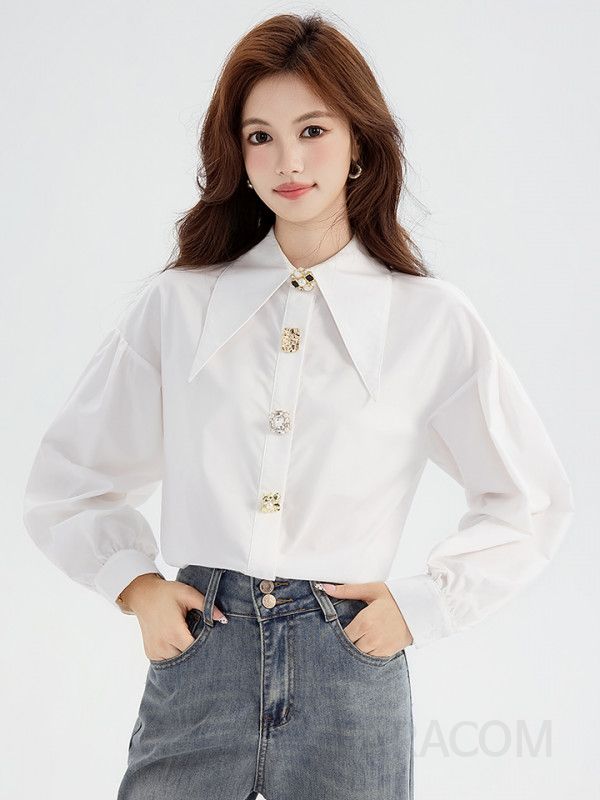 여성 데일리 오피스룩 루즈핏 폴리 빅카라 보석단추 긴팔 셔츠 블라우스 하객룩 출근룩 미니멀 무드 기본 화이트 셔츠 - 상세 이미지 5
