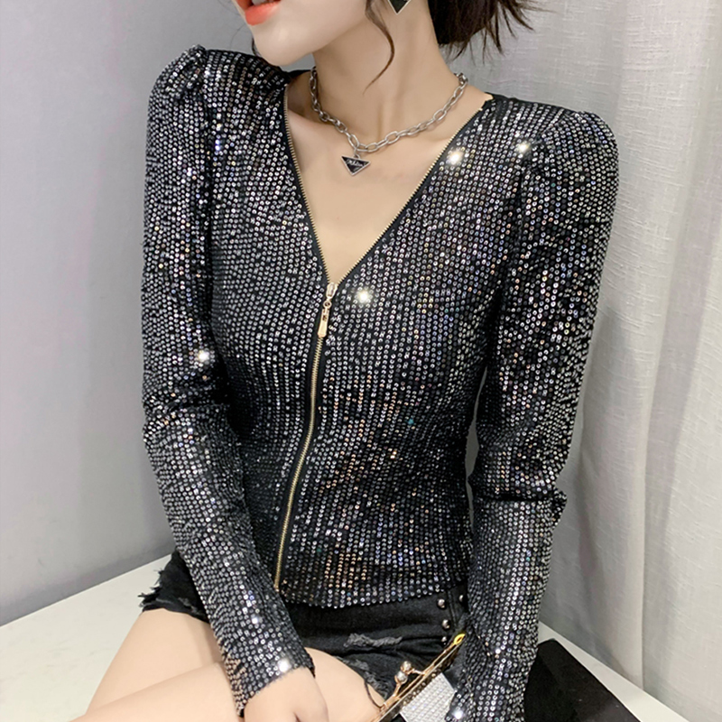 상의 무대 의상 프릴 블라우스 브이넥 댄스티 연습복 실버 펄 s - 상세 이미지 4