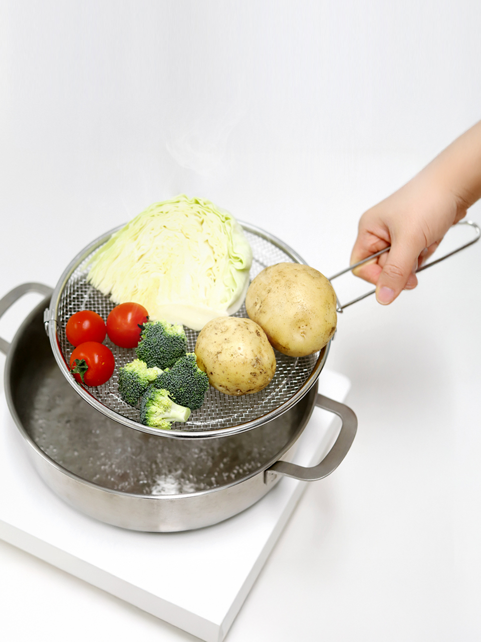304 스텐 채반 찜기 19cm (탈부착 손잡이 포함) / 원형 핸들 채반 야채 찜기 스티머 이미지 8