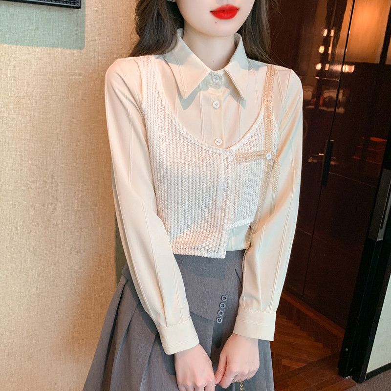 여성 데일리 베이직 루즈핏 폴리 레이어드 배색 카라 셔츠 블라우스 오피스룩 출근룩 하객룩 - 상세 이미지 5