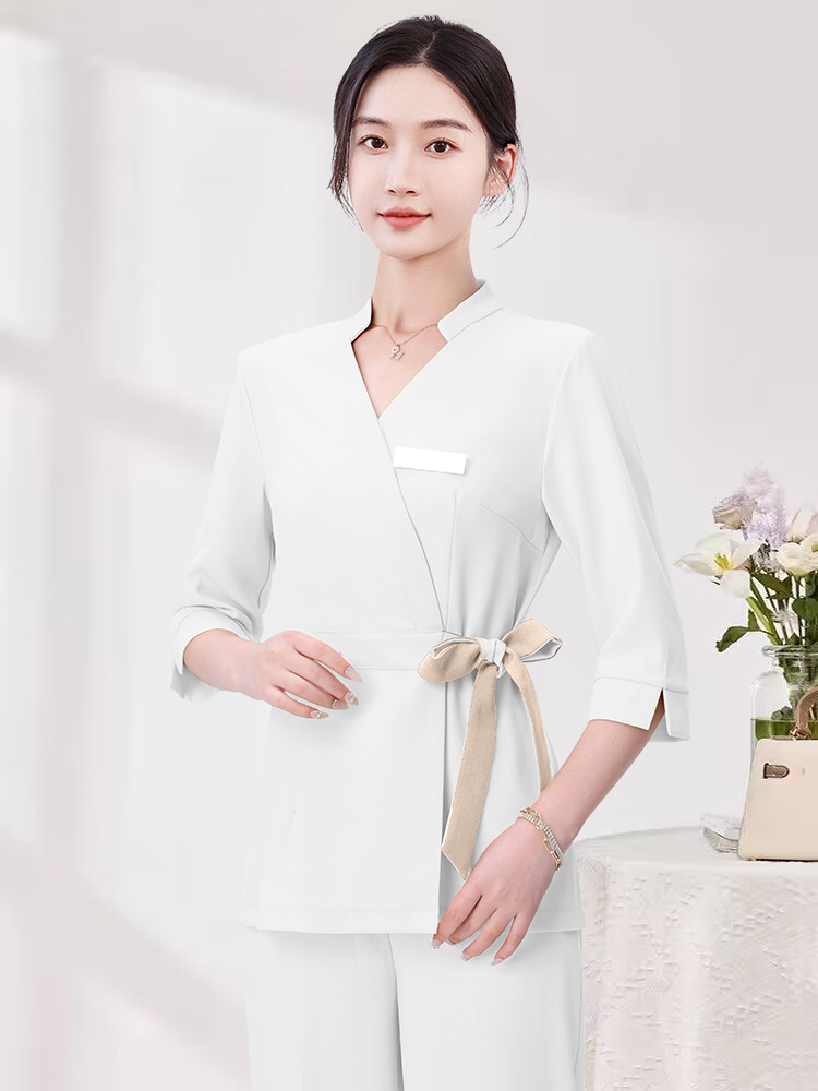 피부관리사 한의원 근무복 간호사 가운 피부샵 뷰티샵 살구색 7부 소매 바지 s - 상세 이미지 3