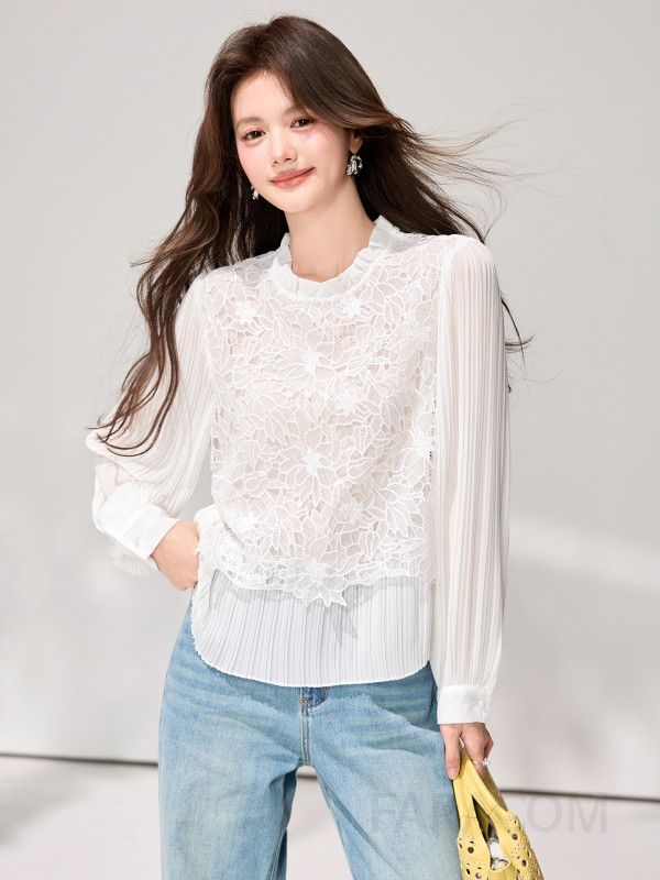 여성 페미닌 무드 레이스 시스루 플리츠 프릴 긴팔 블라우스 하객룩 오피스룩 데이트룩 격식룩 로맨틱 셔츠 - 상세 이미지 3