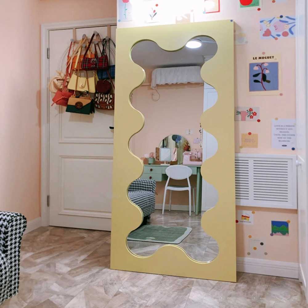 웨이브거울 전신 거울 카페 복도 포인트 집꾸미기 80x180cm 옅은 노랑 물결 거울 - 상세 이미지 4