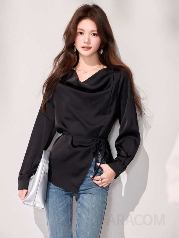 여성 페미닌 루즈핏 실크감촉 드레이프 카울넥 랩 스트랩 타이 긴팔 셔츠 블라우스 오피스룩 하객룩 - 상세 이미지 3