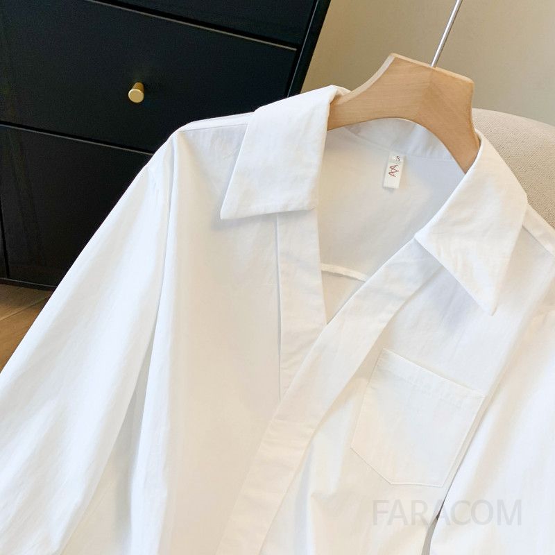 여성 데일리 무드 오피스룩 스트레이트핏 부드러운 폴리 소재 브이넥 카라 원포켓 롱슬리브 기본 셔츠 블라우스 상의 - 상세 이미지 3