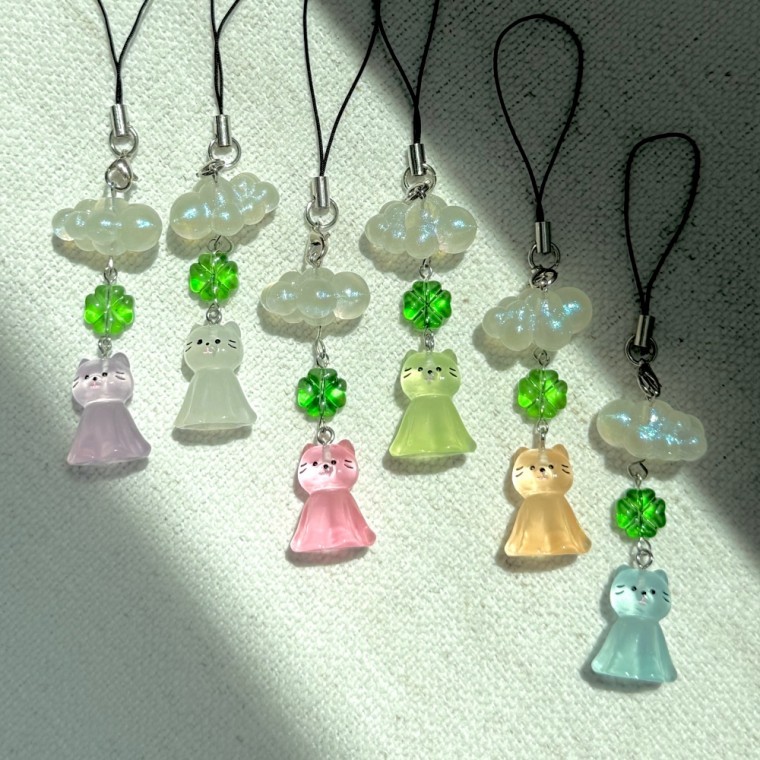 도모아 고양이 캣 테루테루보즈 네잎클로버 구름 날씨 요정 키링 6종 행운 부적 맑음 일본 인형 열쇠 가방 고리 - 상품 이미지