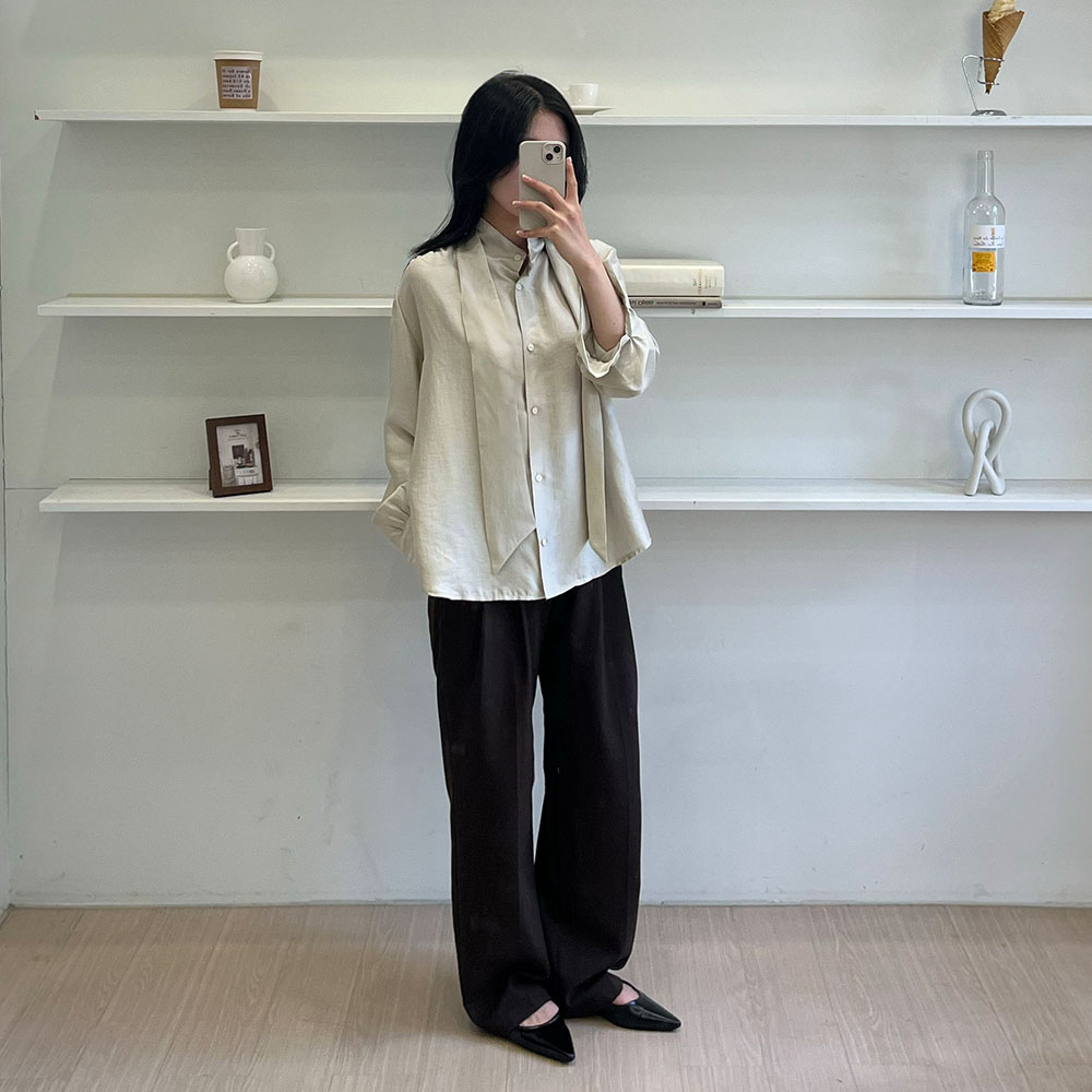 하이넥블라우스 하객 스카프 새틴 타이블라우스 카키베이지, FREE(One size) 이미지 6