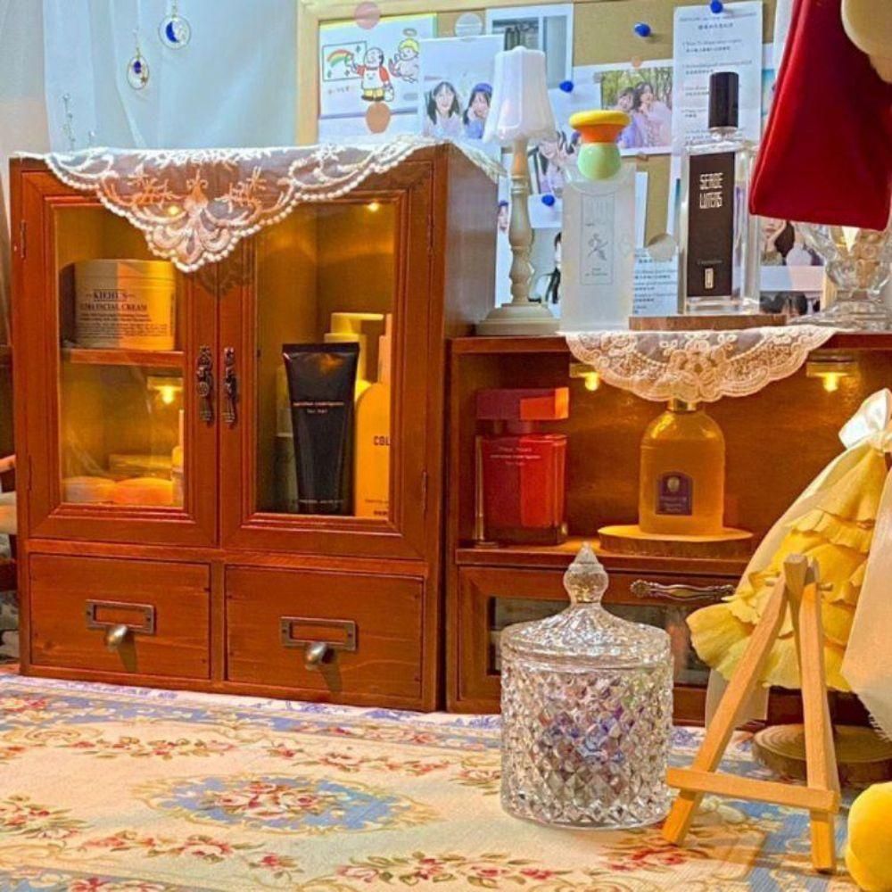 미니 나무 수납장 빈티지 감성 탁상 선반장 투명 아크릴 미니