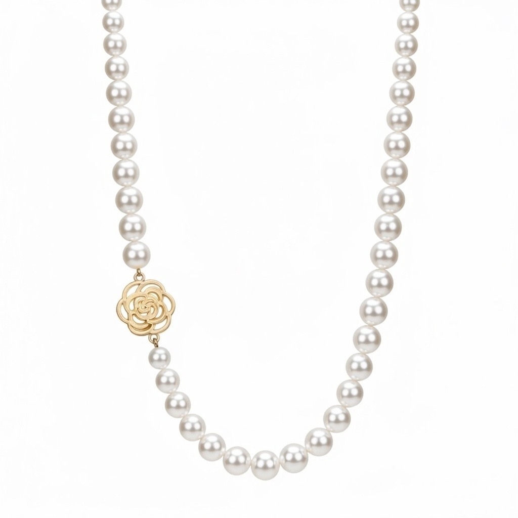 14k 골드 (장미 펜던트) 8.5mm~8.0mm 담수진주 목걸이 - 상품 이미지