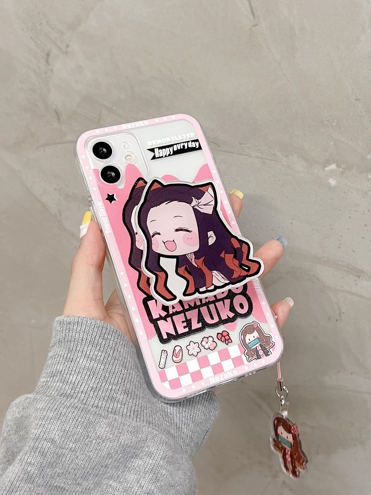 귀멸의 칼날 아이폰 케이스 실리콘 그립톡 세트 풀커버 고양이귀 네즈코 iphone 17 - 상품 이미지