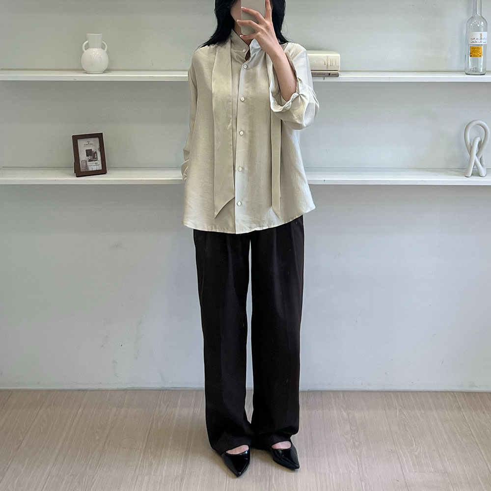 하이넥블라우스 하객 스카프 새틴 타이블라우스 카키베이지, FREE(One size) 이미지 7